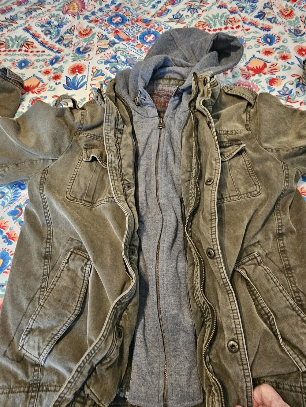 Levi Strauss Mens M Layered Hooded Canvas Trucker Jacket Washed Olive Green
